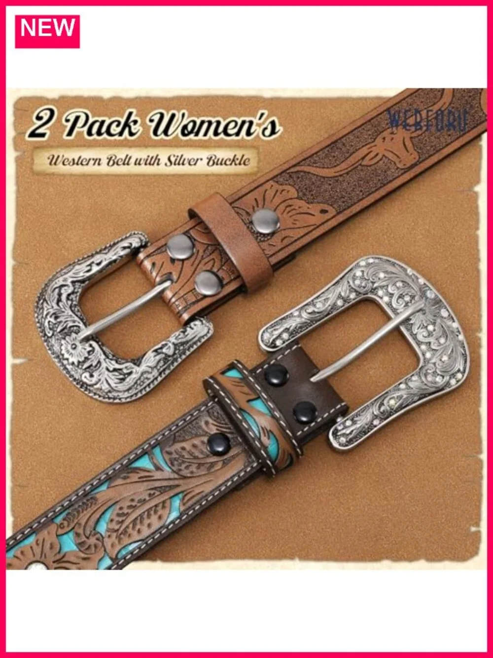 2 Pack Women Faux Leather Western Belts with Big Vintage Buckle